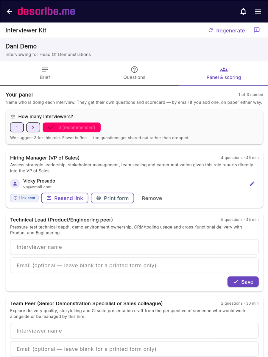 Weighted interview scorecard with anchored one to five ratings, evidence notes and an overall recommendation, filled in by a panel member