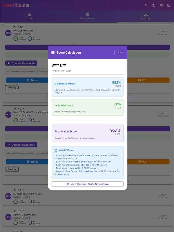 describe.me Smart Matching &mdash; score calculation breakdown showing AI semantic match and skills adjustment